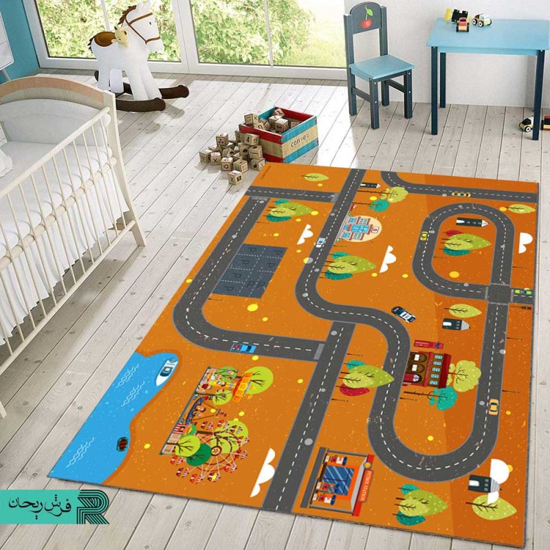 فرش ماشینی | فرش اتاق کودک | فرش بازی کودک | فرش سفارشی | فرش چدید | فرش نارنجی | فرش ماشین بازی |