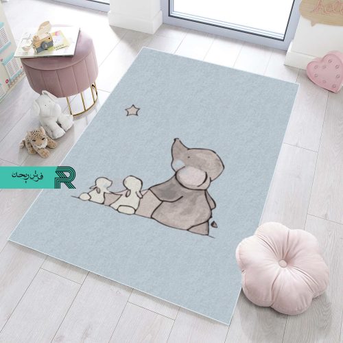 فرش اتاق کودک و نوزاد طرح فیل و خرگوش مدرن زمینه آبی ضد حساسیت
