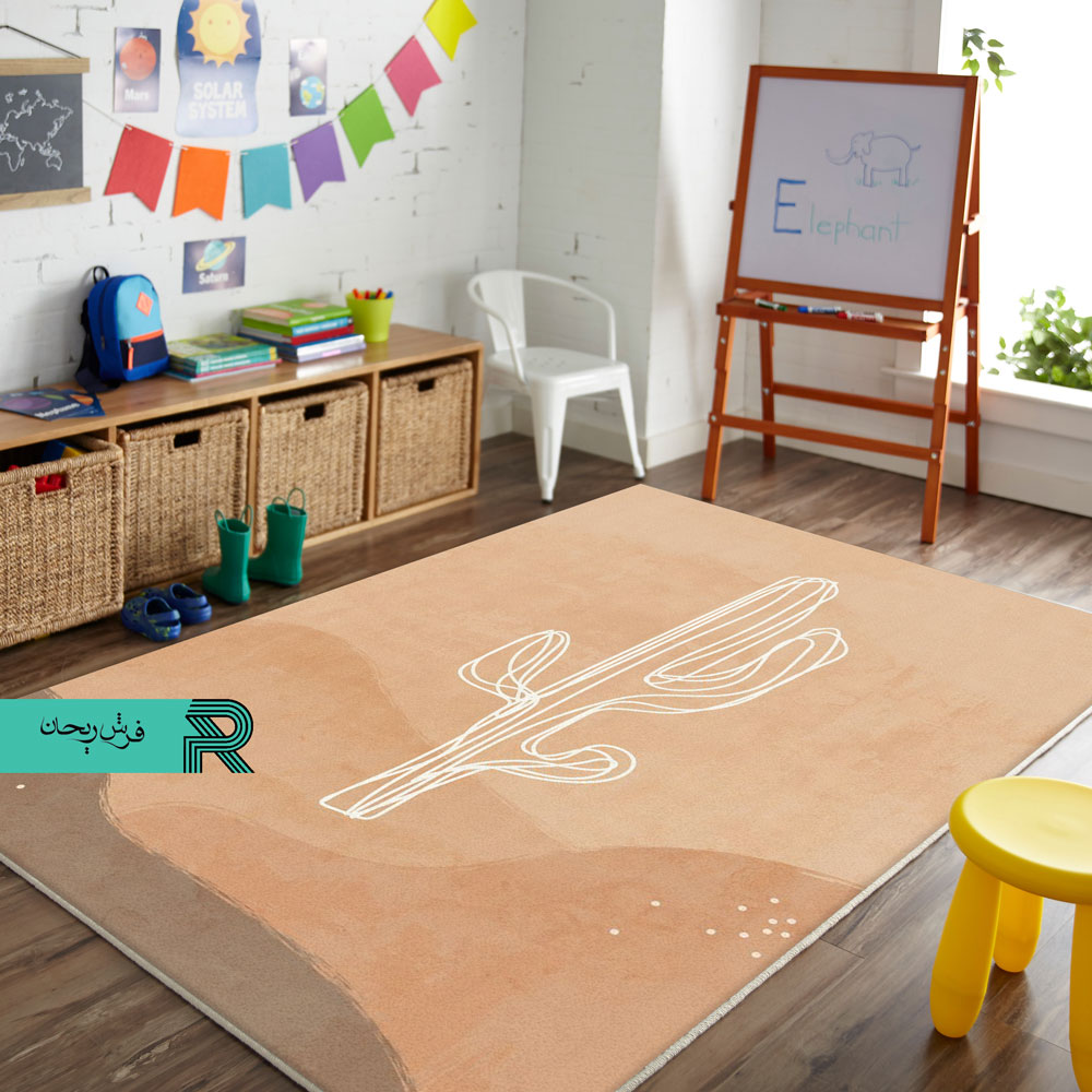 فرش اتاق کودک و نوزاد طرح کاکتوس زمینه ساده رنگ پاستیلی