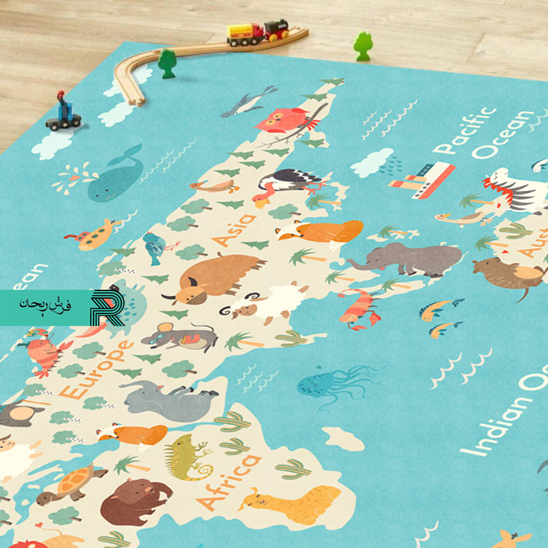 فرش اتاق کودک و نوزاد طرح نقشه حیوانات جهان