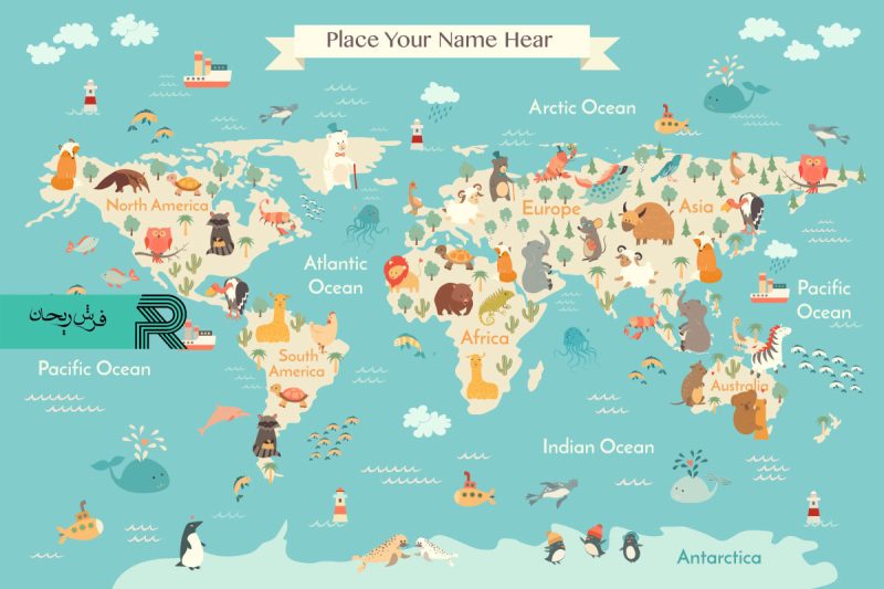 فرش اتاق کودک و نوزاد طرح نقشه حیوانات جهان
