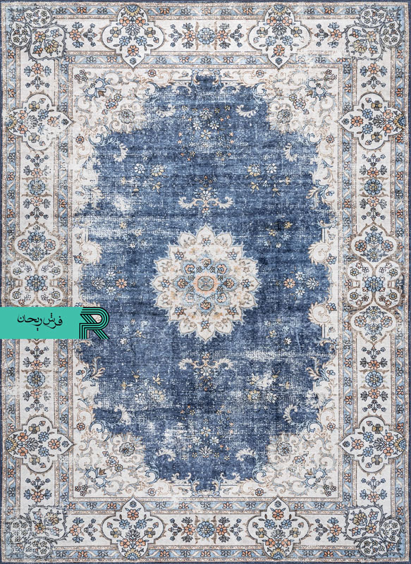 فرش کهنه نما وینتیج قدیمی شده زمینه سرمه ای یا آبی