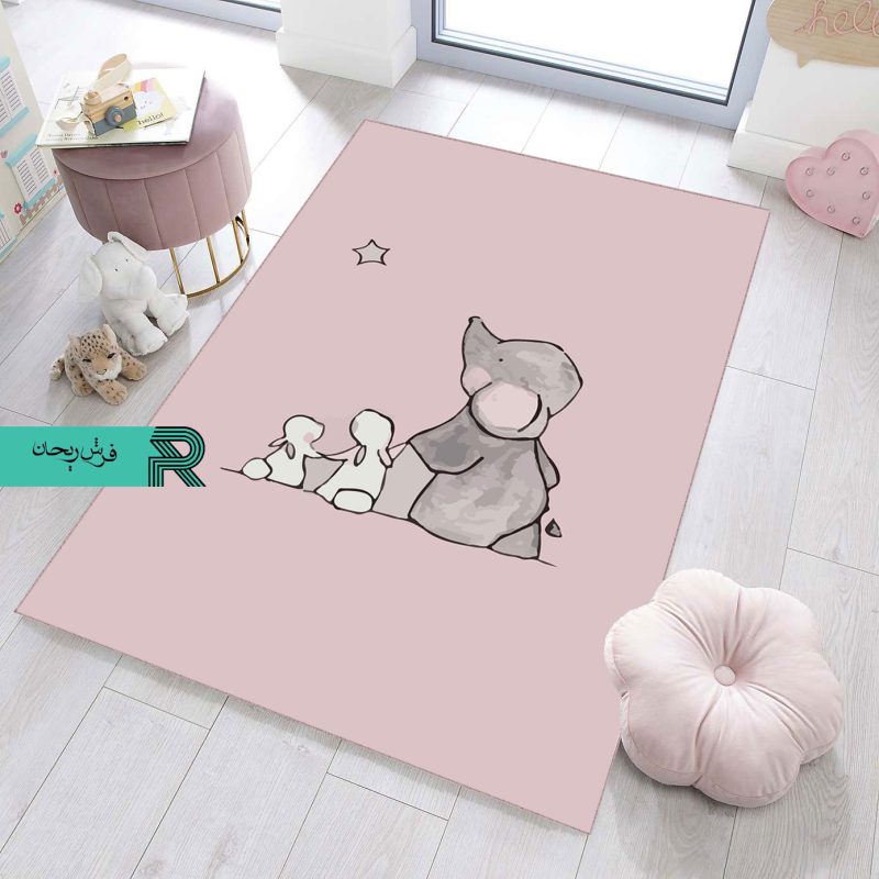 فرش اتاق کودک و نوزاد طرح فیل و خرگوش مدرن زمینه ضد حساسیت
