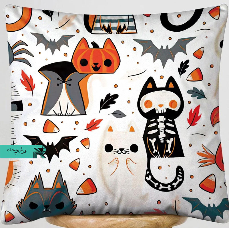 کوسن مخمل طرح دیجیتالی گربه و خفاش زمینه سفید با تم نارنجی