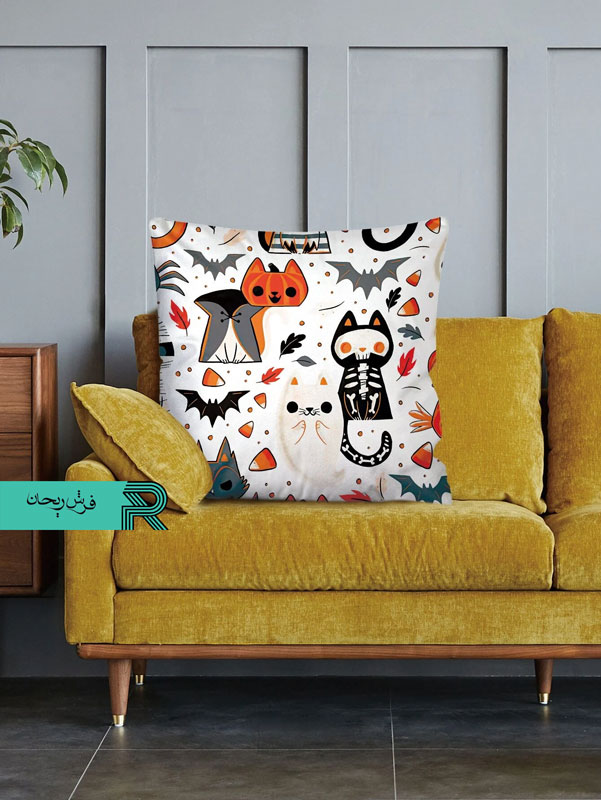 کوسن مخمل طرح دیجیتالی گربه و خفاش زمینه سفید با تم نارنجی