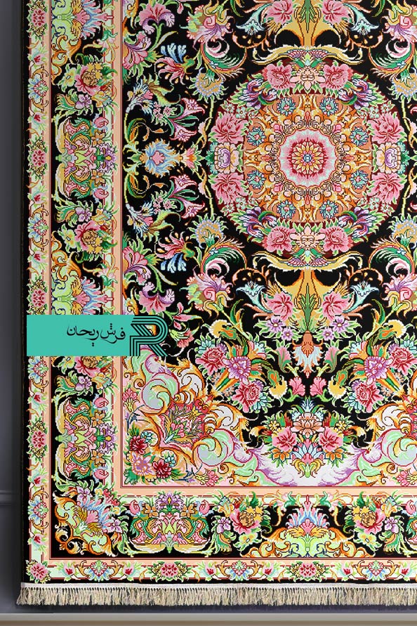 فرش دستباف نما نقشه قصری | فرش زمینه مشکی | فرش دستباف ارزان