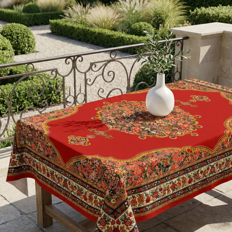 رومیزی طرح گلشنسرا با نقشه گلریز، ترنج مرکزی و قاب محرابی