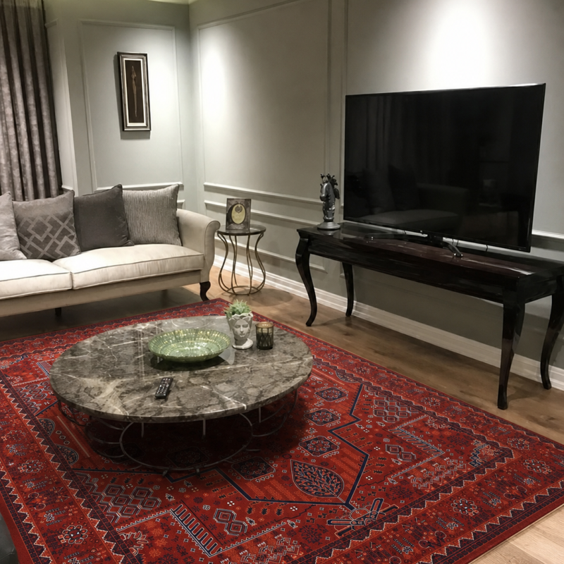 فرش ماشینی طرح شیروان سرخ با نقوش هندسی، ترنج مرکزی پلکانی و حاشیه چندلایه در دکوراسیون مدرن طوسی.