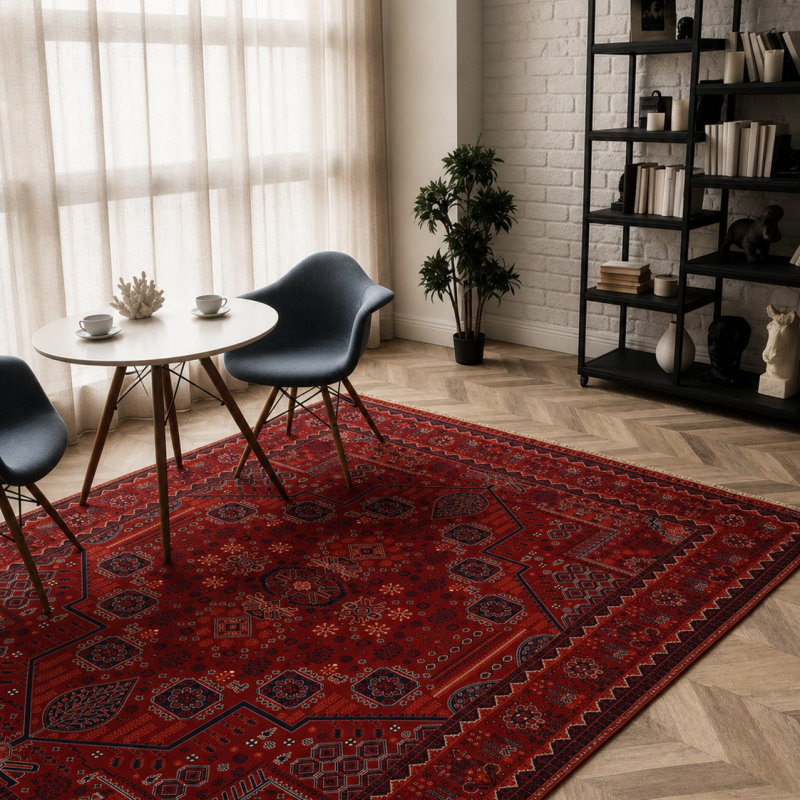 فرش ماشینی طرح شیروان سرخ با نقوش هندسی، ترنج مرکزی پلکانی و حاشیه چندلایه در دکوراسیون خانه ای لوکس و ست با فرشینه قرمز لاکی