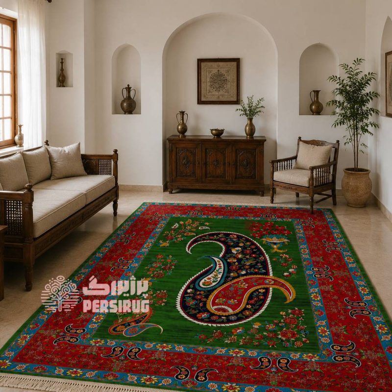فرش سنتی ایرانی طرح بتهجقه با زمینه سبز و حاشیه قرمز و آبی.