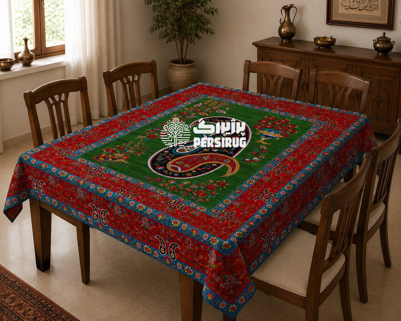 رومیزی سفره روفرشی سنتی ایرانی طرح بتهجقه با زمینه سبز و حاشیه قرمز و آبی.