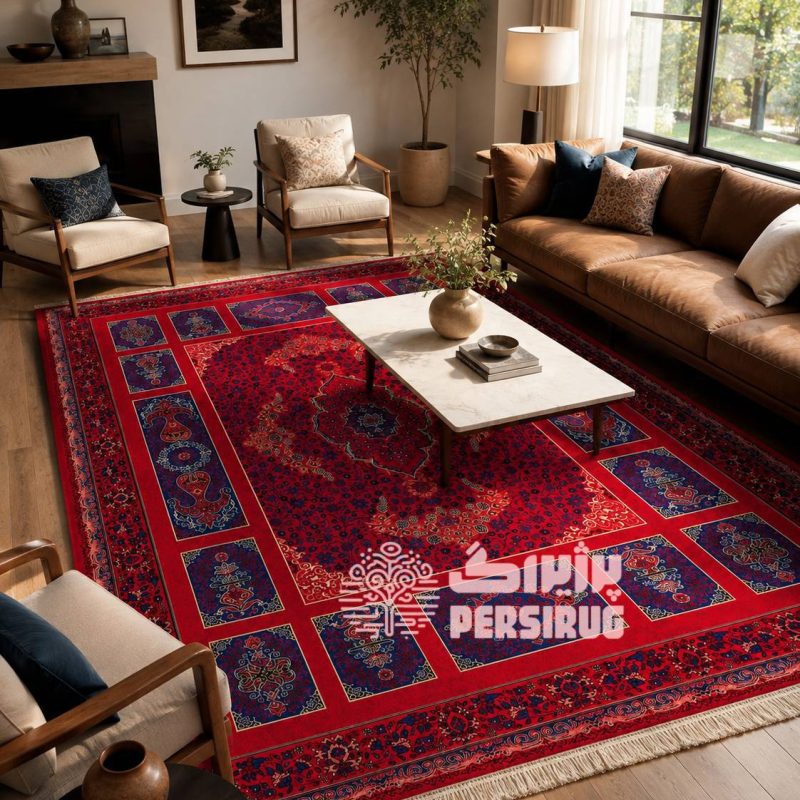 فرش آذین سرخ با زمینه قرمز و طرح سنتی ایرانی، دارای نقوش ظریف و چشمنواز در رنگهای قرمز و سرمهای.