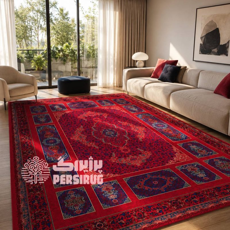 فرشینه آذین سرخ با زمینه قرمز و طرح سنتی ایرانی، دارای نقوش ظریف و چشمنواز در رنگهای قرمز و سرمهای.