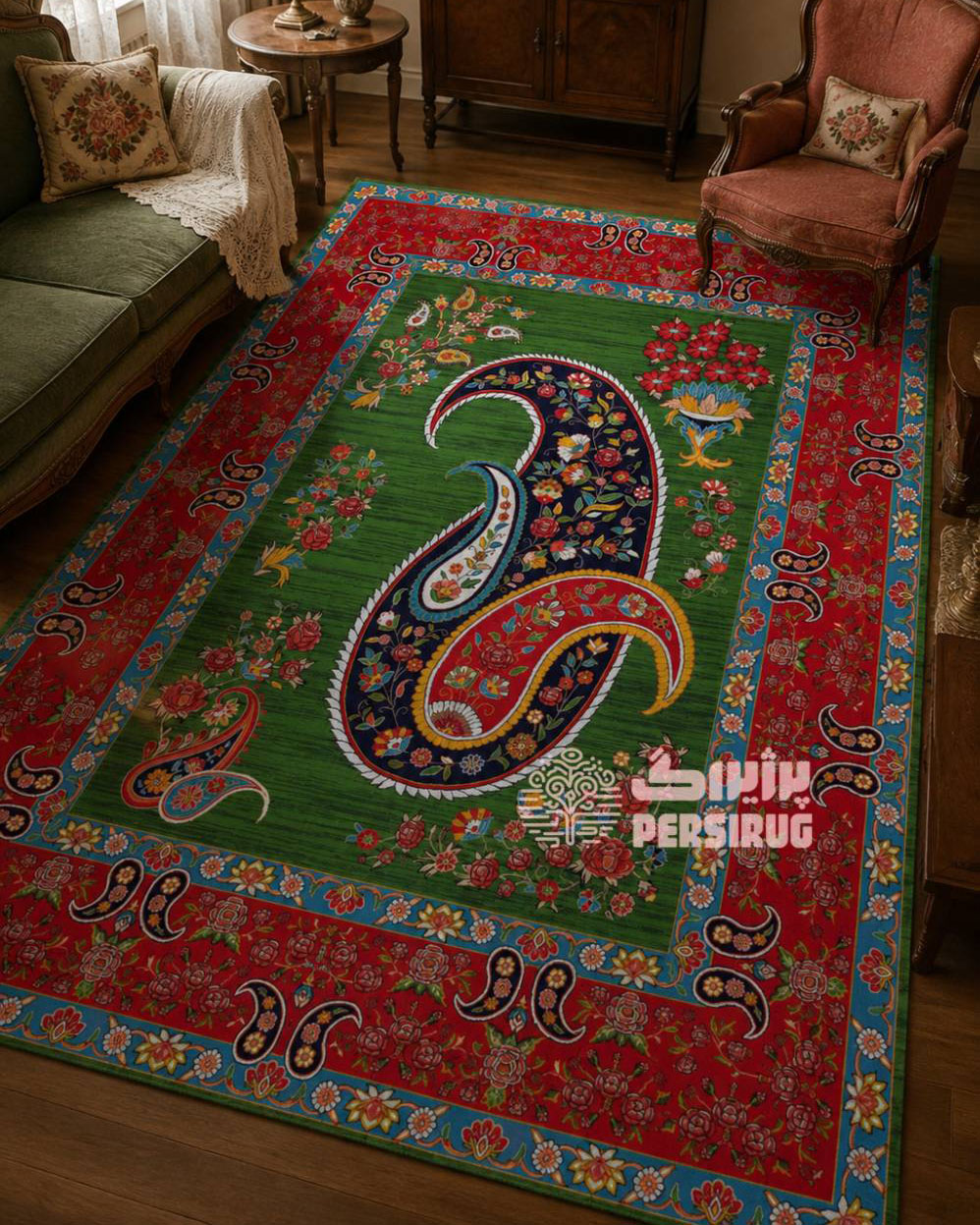 فرشینه سنتی ایرانی طرح بتهجقه با زمینه سبز و حاشیه قرمز و آبی.