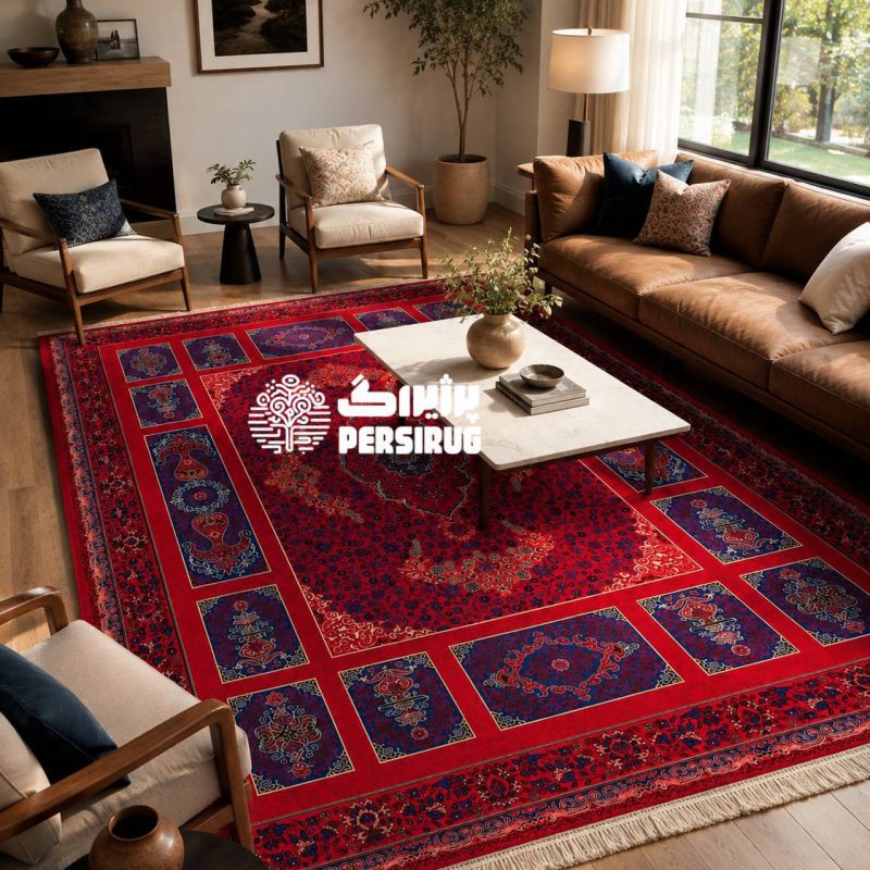 فرش آذین سرخ با زمینه قرمز و طرح سنتی ایرانی، دارای نقوش ظریف و چشمنواز در رنگهای قرمز و سرمهای.