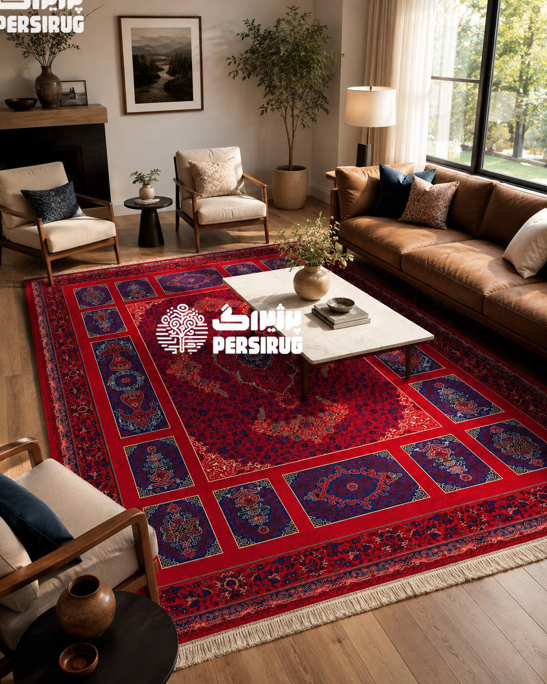 فرش آذین سرخ با زمینه قرمز و طرح سنتی ایرانی، دارای نقوش ظریف و چشمنواز در رنگهای قرمز و سرمهای.