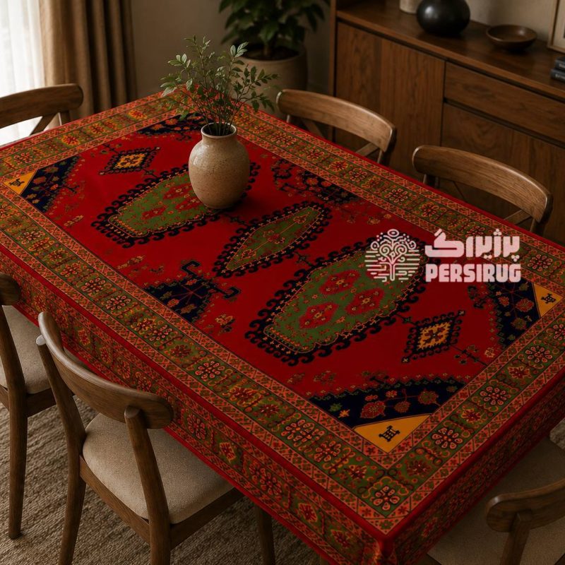 رومیزی سفره روفرشی فرشینه شاهنشین با طرح سنتی ایرانی و ترکیب رنگهای گرم و اصیل