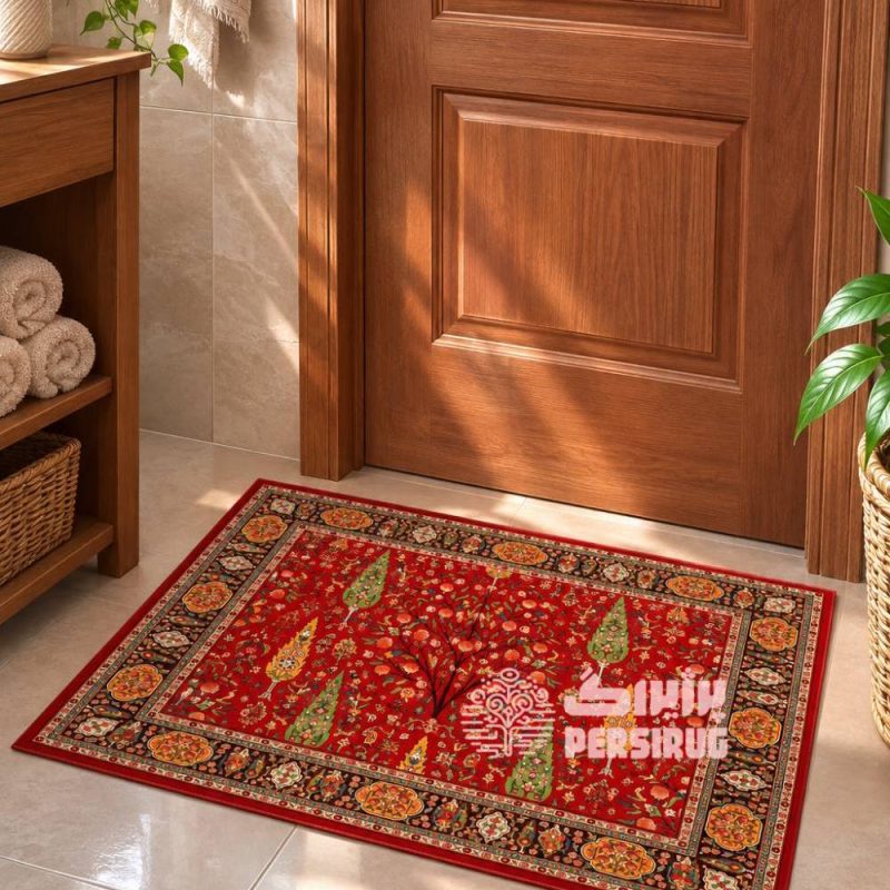 پادری ترنج اناری با زمینه قرمز و طرح سنتی ایرانی، دارای نقش درخت زندگی، گلوبوتههای ظریف و حاشیهای اصیل.
