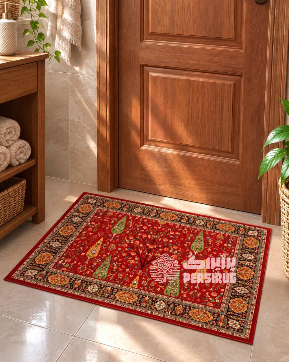 پادری ترنج اناری با زمینه قرمز و طرح سنتی ایرانی، دارای نقش درخت زندگی، گلوبوتههای ظریف و حاشیهای اصیل.