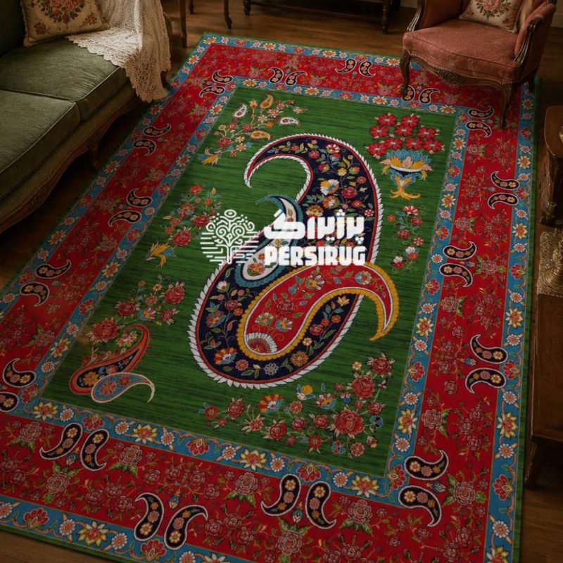 فرشینه سنتی ایرانی طرح بته‌جقه با زمینه سبز و حاشیه قرمز و آبی.