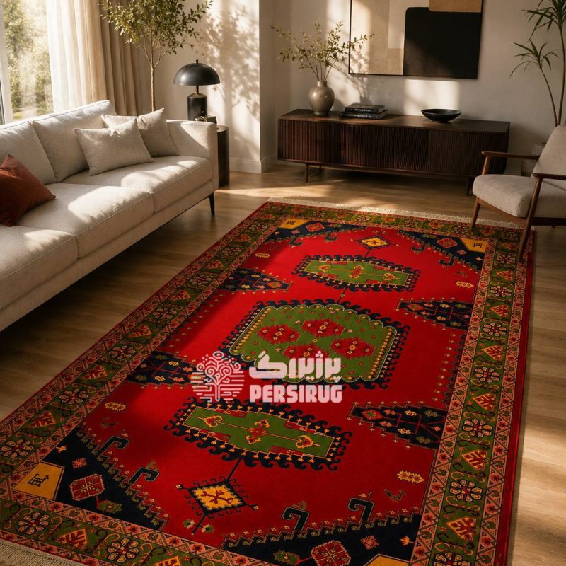 فرش شاهنشین با طرح سنتی ایرانی و ترکیب رنگهای گرم و اصیل