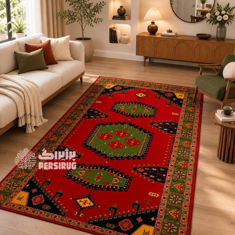 فرشینه شاهنشین با طرح سنتی ایرانی و ترکیب رنگهای گرم و اصیل