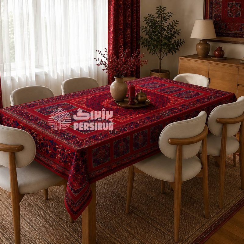 رومیزی آذین سرخ با زمینه قرمز و طرح سنتی ایرانی، دارای نقوش ظریف و چشم‌نواز در رنگ‌های قرمز و سرمه‌ای.