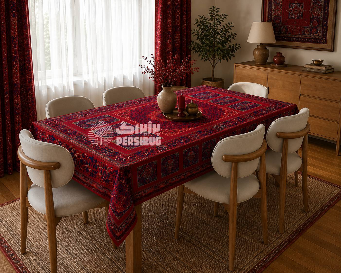 رومیزی آذین سرخ با زمینه قرمز و طرح سنتی ایرانی، دارای نقوش ظریف و چشمنواز در رنگهای قرمز و سرمهای.