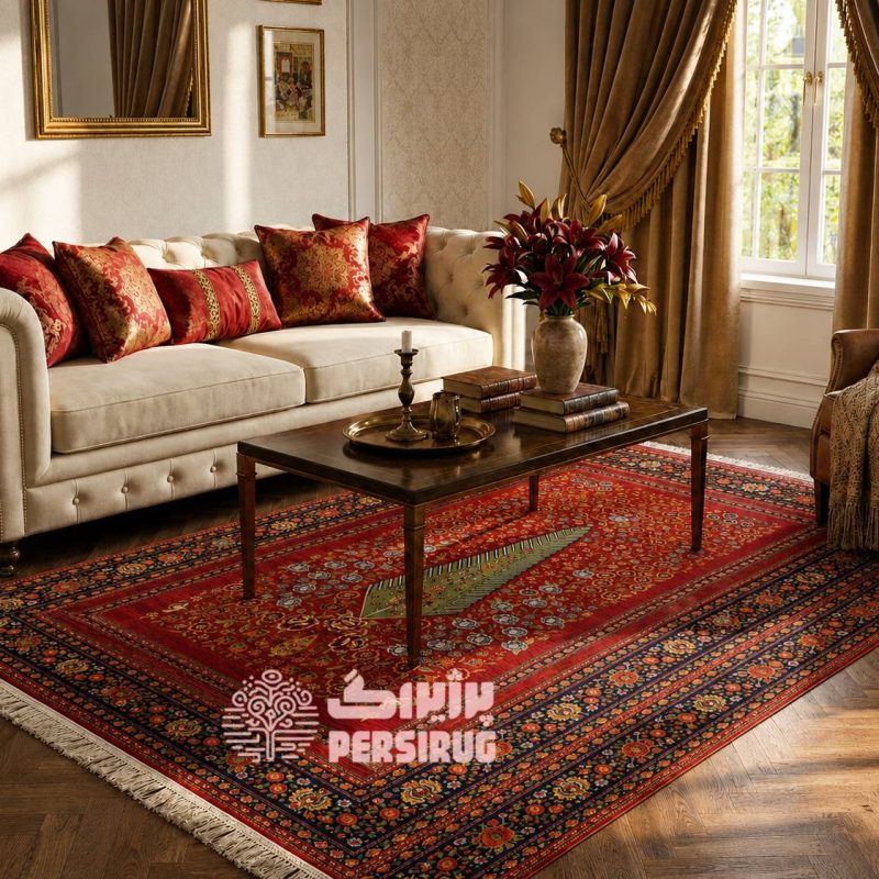 فرش ماشینی طرح درخت زندگی با زمینه سرخ، گلهای رنگارنگ و حاشیه اصیل ایرانی