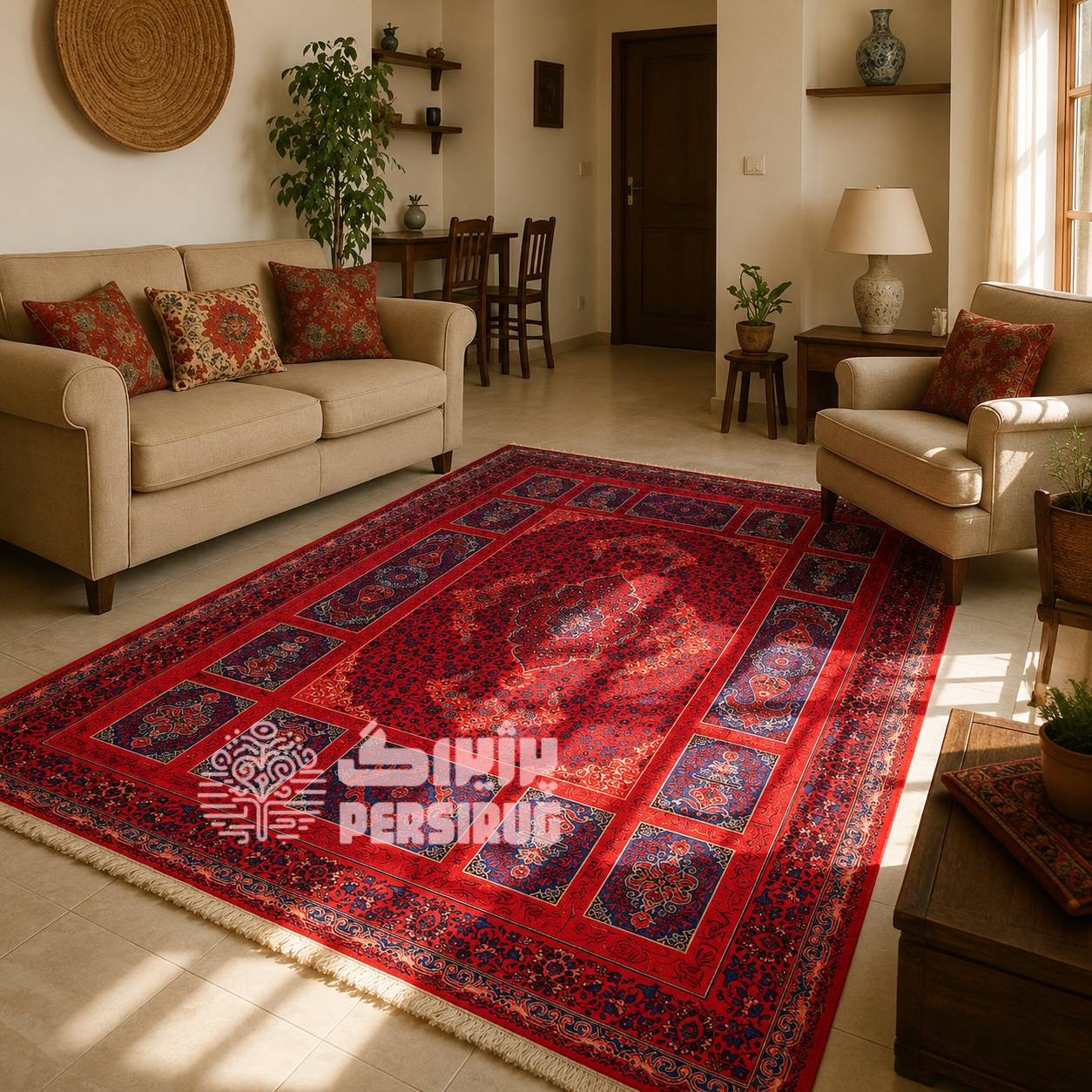فرش آذین سرخ با زمینه قرمز و طرح سنتی ایرانی، دارای نقوش ظریف و چشمنواز در رنگهای قرمز و سرمهای.