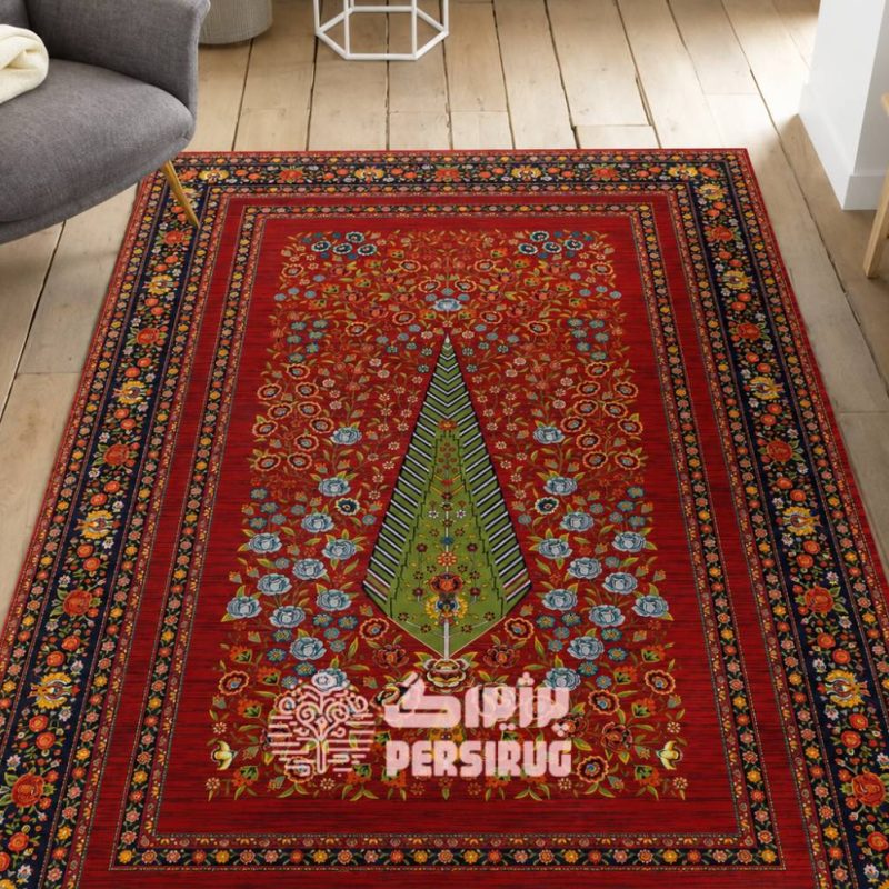 فرشینه طرح درخت زندگی با زمینه سرخ، گلهای رنگارنگ و حاشیه اصیل ایرانی