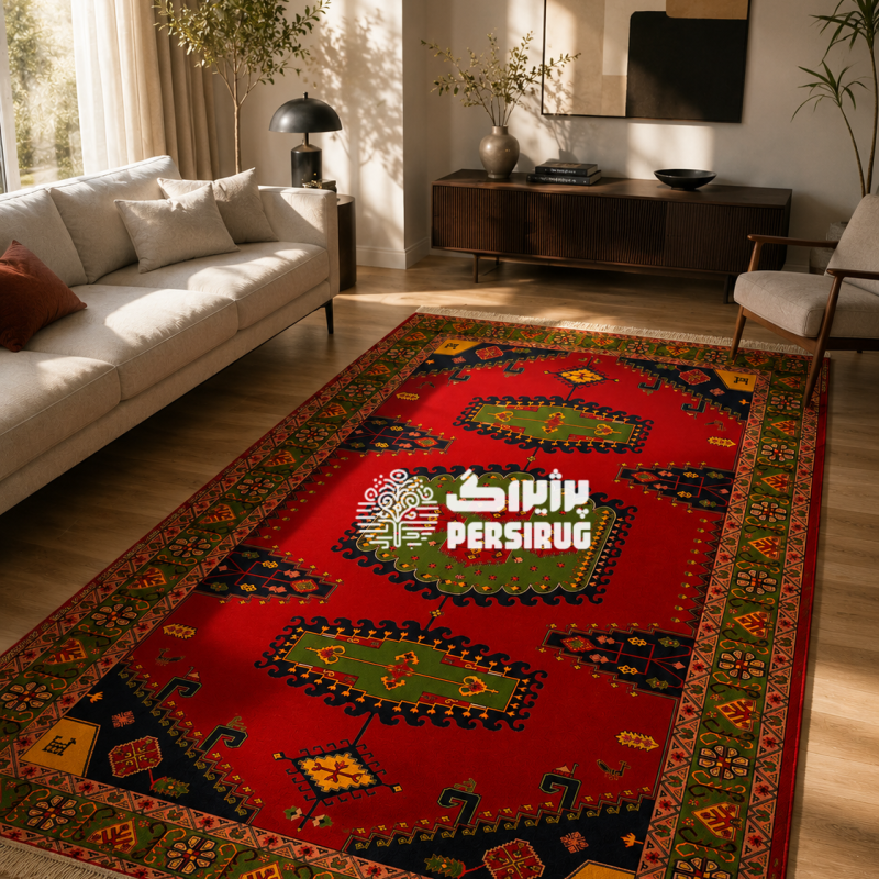 فرش شاهنشین با طرح سنتی ایرانی و ترکیب رنگهای گرم و اصیل