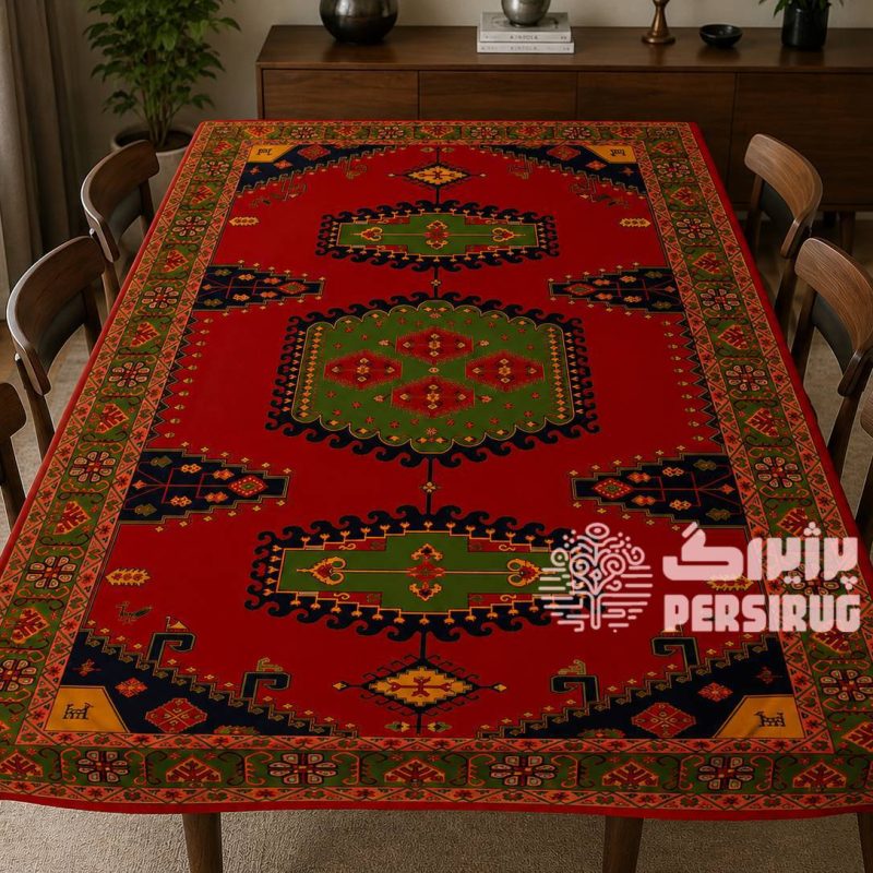 سفره رومیزی روفرشی شاهنشین با طرح سنتی ایرانی و ترکیب رنگهای گرم و اصیل