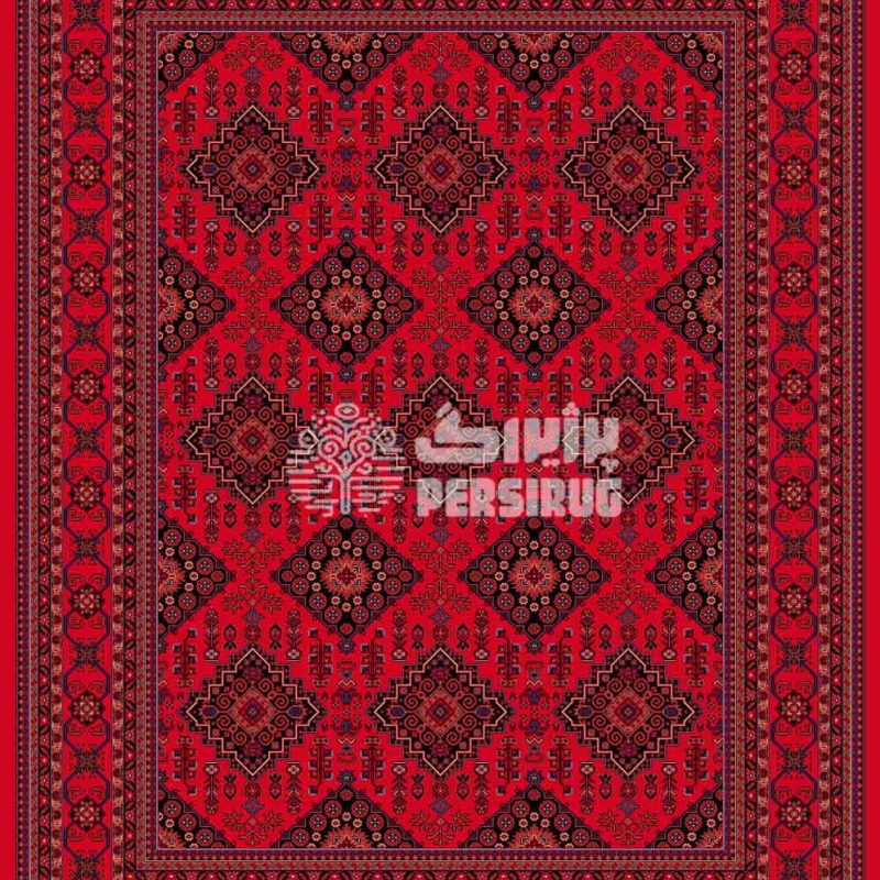 طرح شکوه زرین با نقوش هندسی سنتی ترکمن و رنگ زمینه قرمز لاکی، دارای حاشیه پهن و موتیف‌های لوزی شکل تکرار شونده