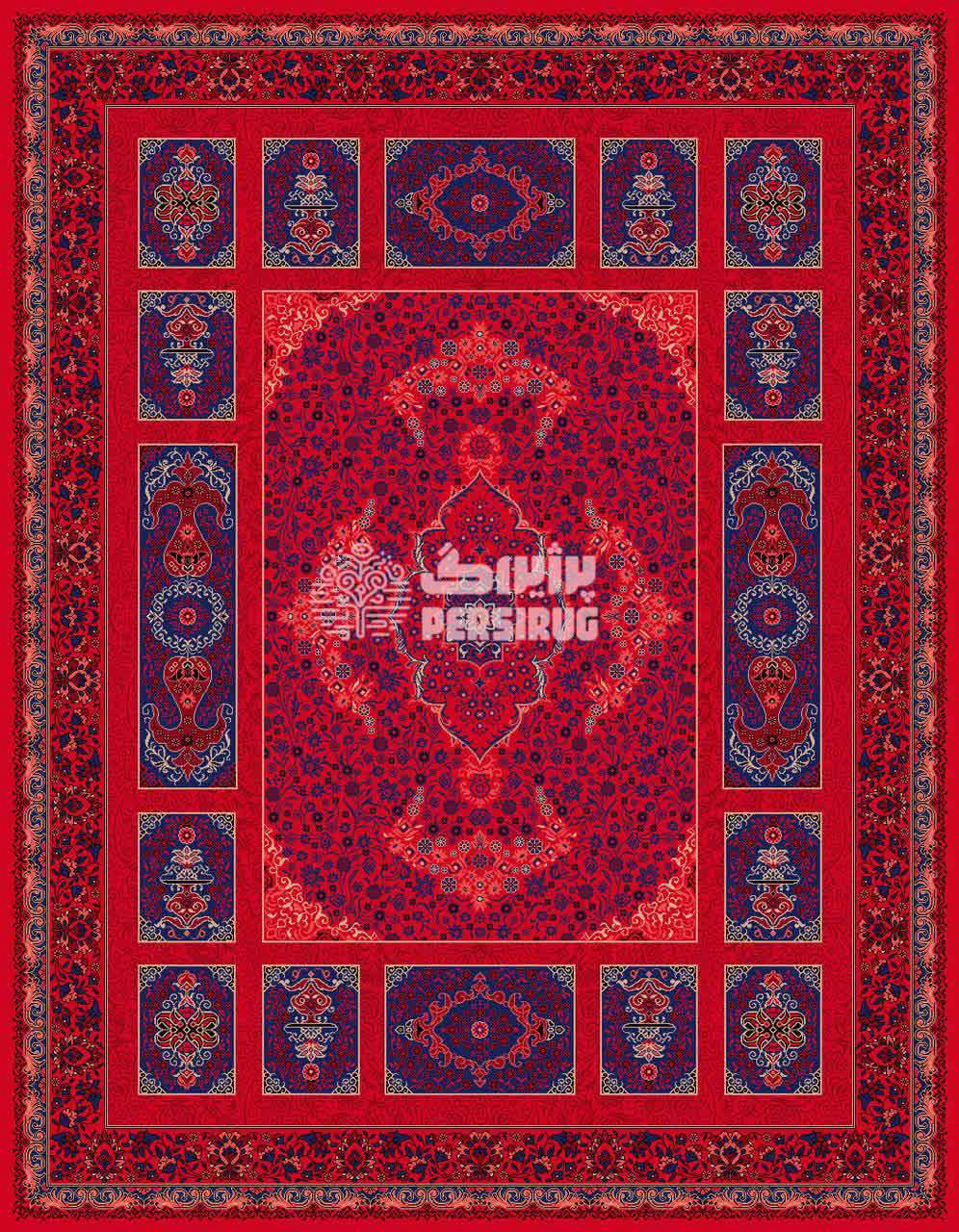 رومیزی آذین سرخ با زمینه قرمز و طرح سنتی ایرانی، دارای نقوش ظریف و چشمنواز در رنگهای قرمز و سرمهای.