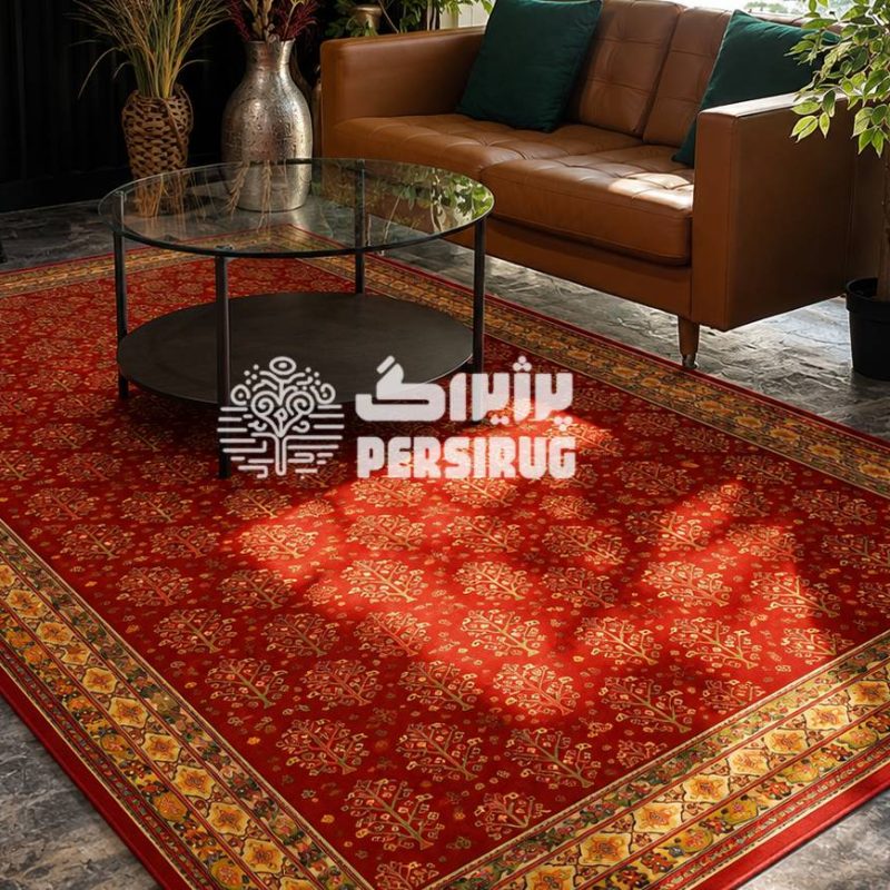 فرشینه شکوه سرخ با طراحی سنتی ایرانی، زمینه قرمز اصیل و حاشیههای ظریف در دکوراسیون شیک