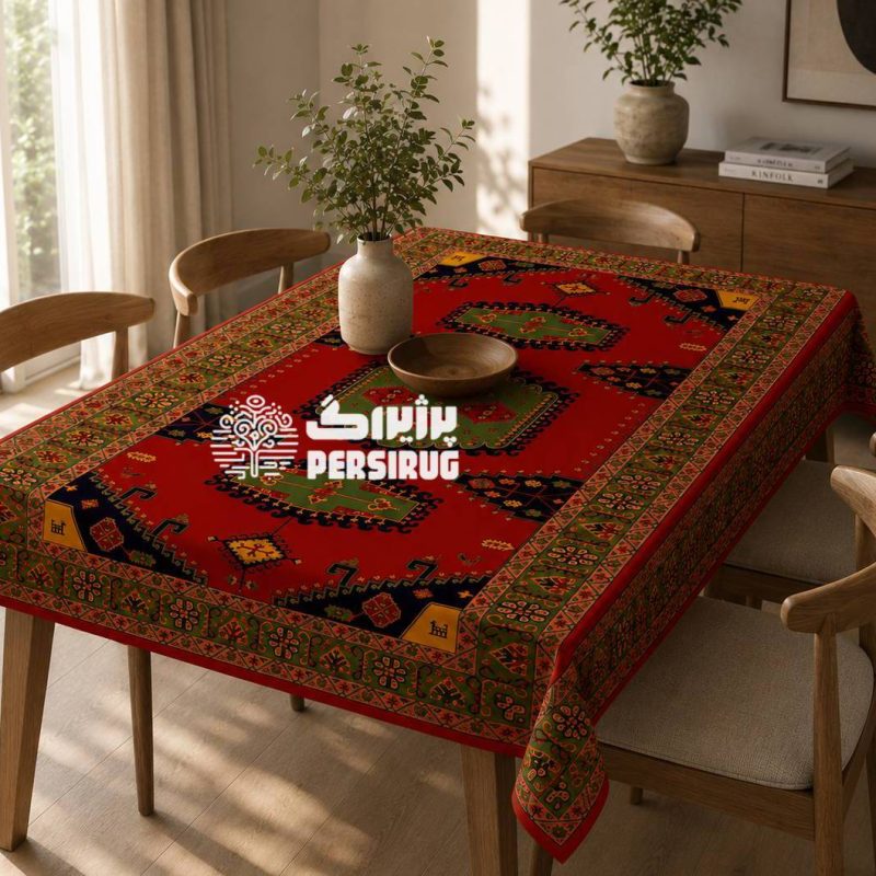 رومیزی ، سفره و روفرشی شاهنشین با طرح سنتی ایرانی و ترکیب رنگهای گرم و اصیل