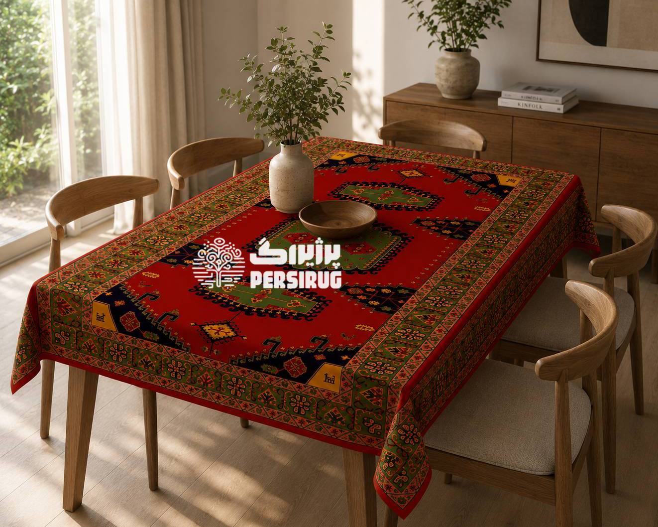 رومیزی ، سفره و روفرشی شاهنشین با طرح سنتی ایرانی و ترکیب رنگهای گرم و اصیل