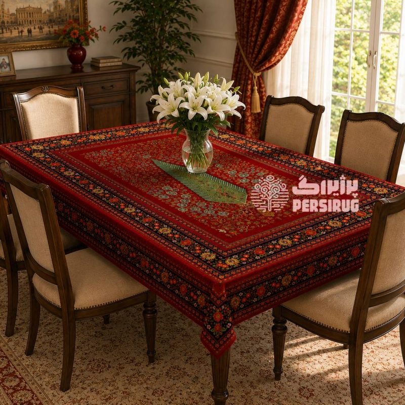 رومیزی ، سفره و روفرشی طرح درخت زندگی با زمینه سرخ، گلهای رنگارنگ و حاشیه اصیل ایرانی