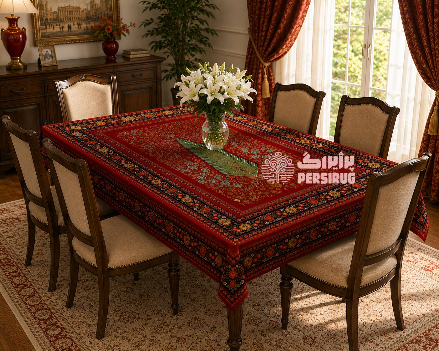 رومیزی ، سفره و روفرشی طرح درخت زندگی با زمینه سرخ، گلهای رنگارنگ و حاشیه اصیل ایرانی