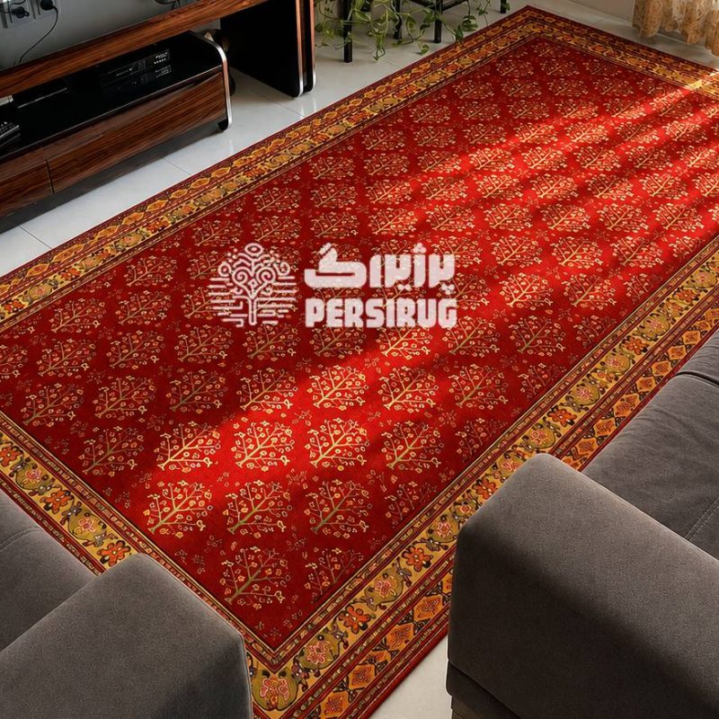 فرش ماشینی شکوه سرخ با طراحی سنتی ایرانی، زمینه قرمز اصیل و حاشیههای ظریف در دکوراسیون شیک