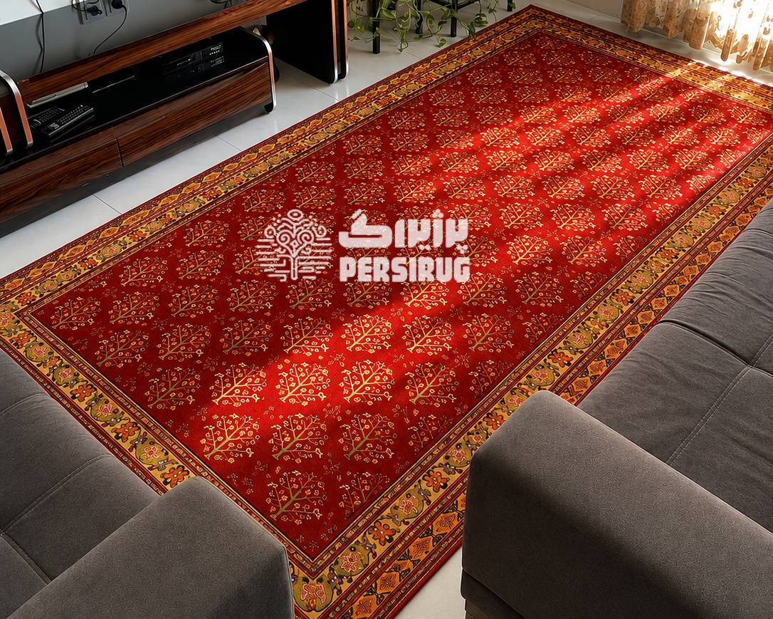 فرش ماشینی شکوه سرخ با طراحی سنتی ایرانی، زمینه قرمز اصیل و حاشیههای ظریف در دکوراسیون شیک