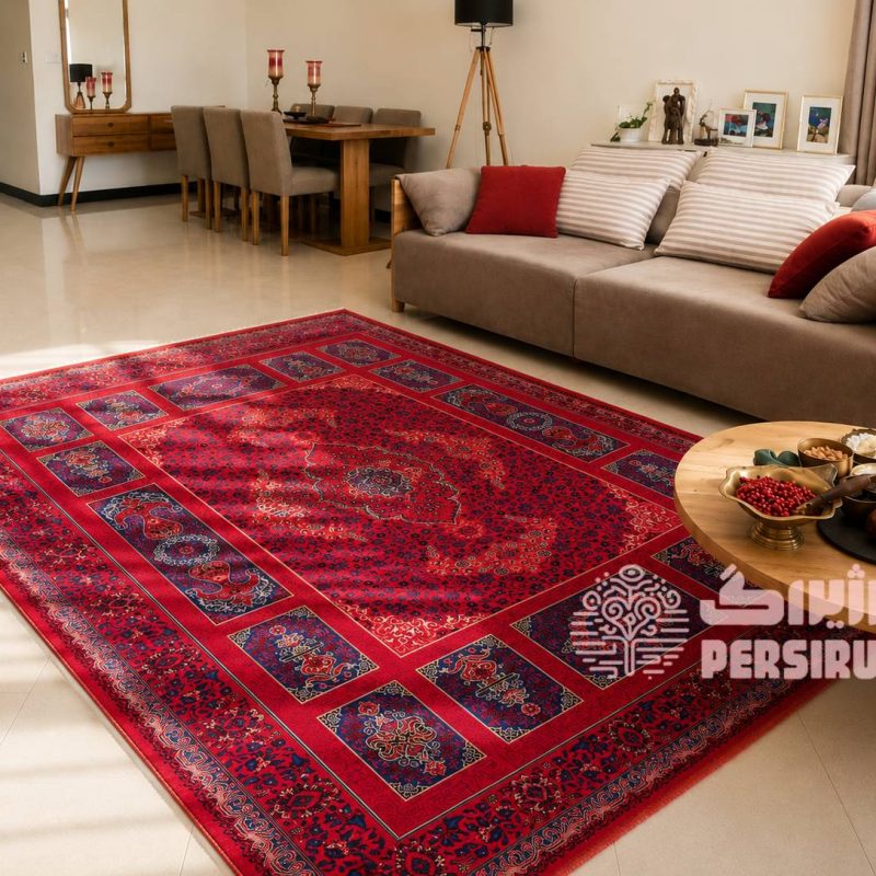 فرشینه آذین سرخ با زمینه قرمز و طرح سنتی ایرانی، دارای نقوش ظریف و چشمنواز در رنگهای قرمز و سرمهای.