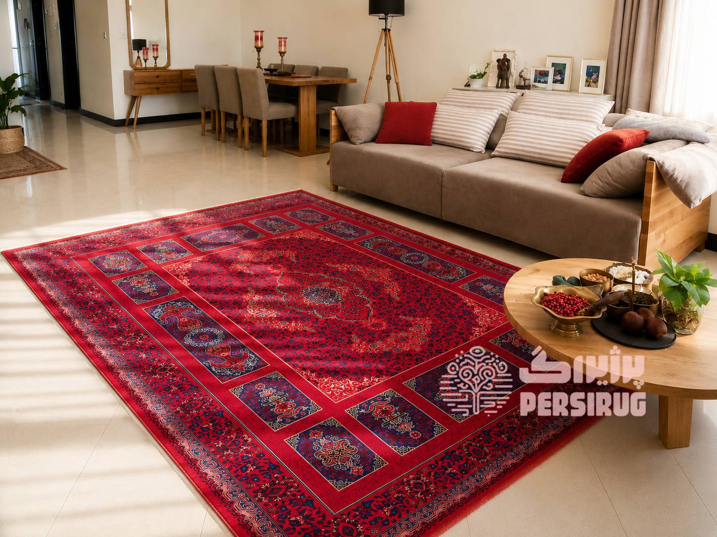 فرشینه آذین سرخ با زمینه قرمز و طرح سنتی ایرانی، دارای نقوش ظریف و چشمنواز در رنگهای قرمز و سرمهای.