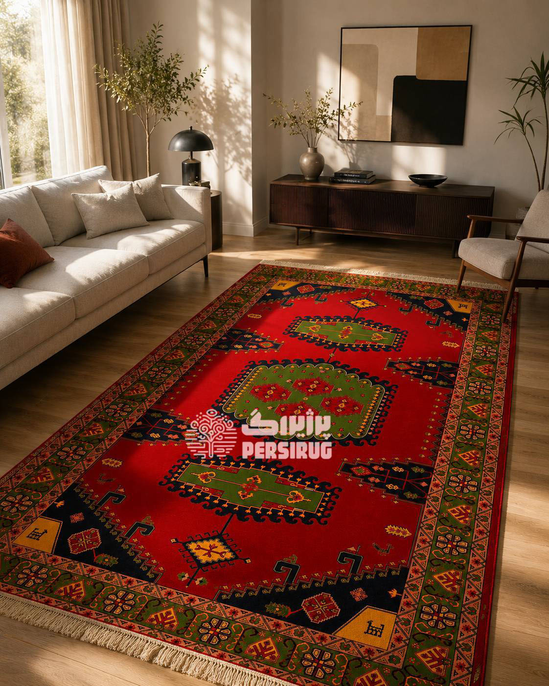 فرش شاهنشین با طرح سنتی ایرانی و ترکیب رنگهای گرم و اصیل