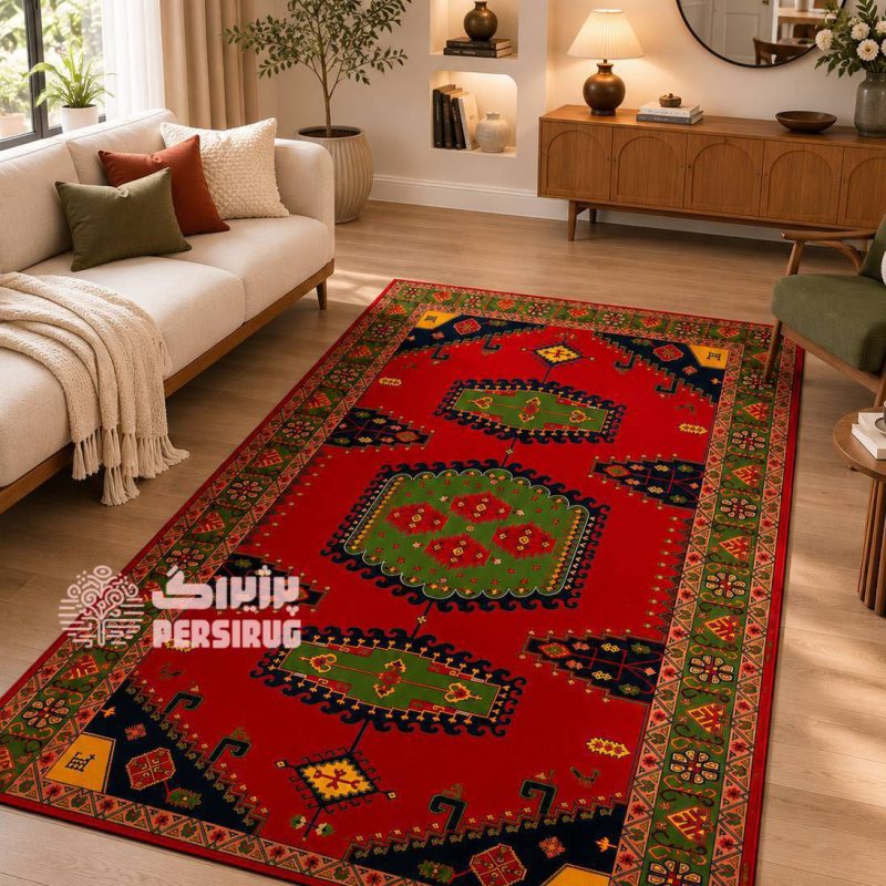 فرشینه شاهنشین با طرح سنتی ایرانی و ترکیب رنگهای گرم و اصیل