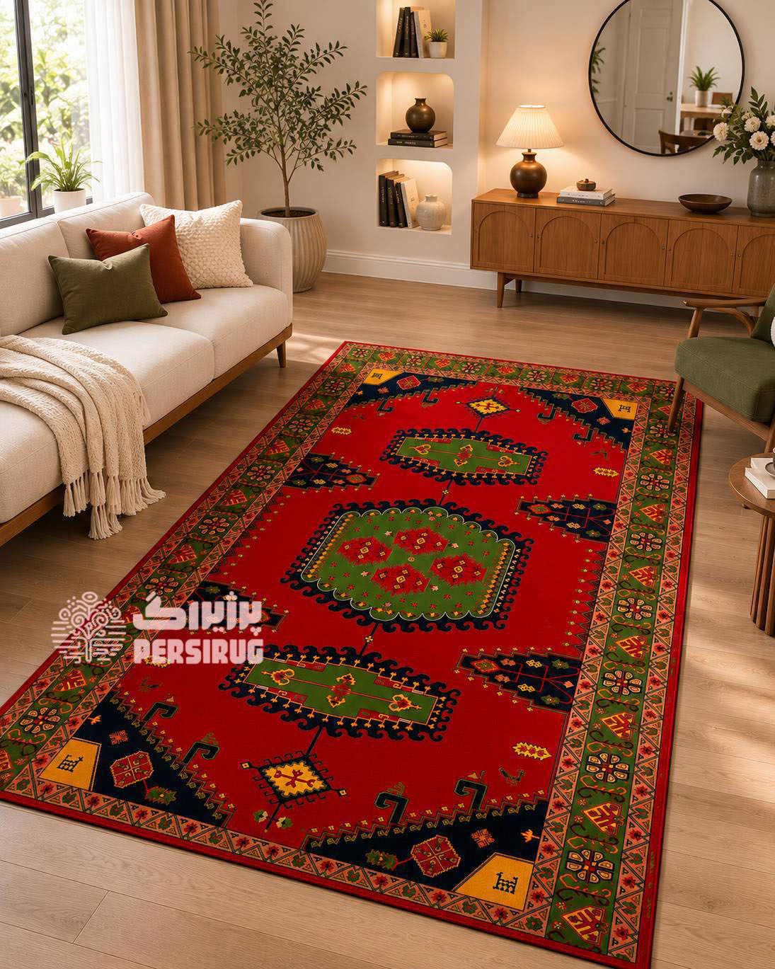 فرشینه شاهنشین با طرح سنتی ایرانی و ترکیب رنگهای گرم و اصیل