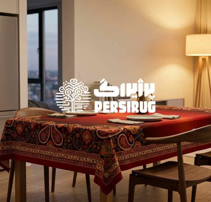 رومیزی طرح شاه‌نقش سرخ با زمینه قرمز تیره، قاب حاشیه‌ای هندسی کرم و نارنجی و نقش گل‌وبوته و بته‌جقه در قسمت بالا و پایین.