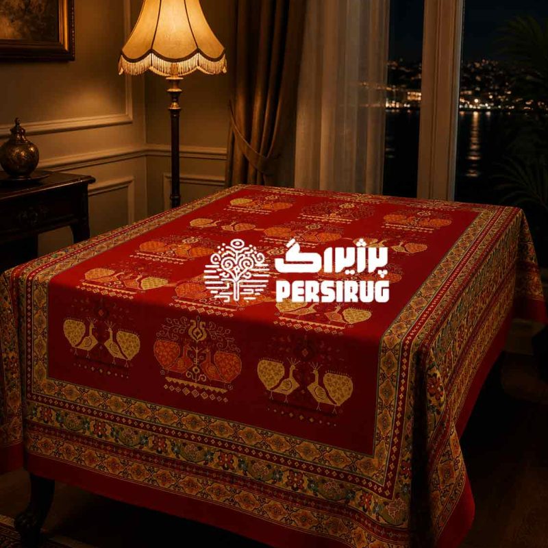 رومیزی باغ قمری زمینه لاکی با حاشیه اسلیمی و نقوش پرنده