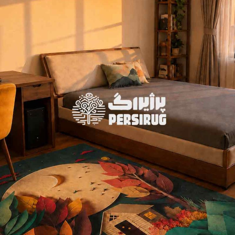 فرش سهبعدی کودک طرح کلبه مهتاب با ماه درخشان، کلبه جنگلی، درختان، کوهها و رنگهای سرمهای، کرم و نارنجی برای دکور اتاق کودک